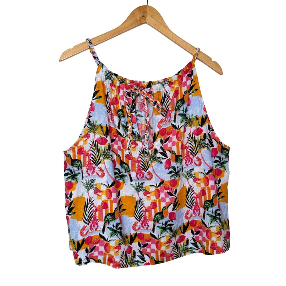 C&C California Linen Halter Tank Top XL Tropical Fruit Lobster Keyhole‎ Blouse